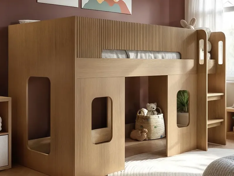 Flair Lino playhouse mid sleeper and Flair Explorer playhouse floor bed in children's bedrooms