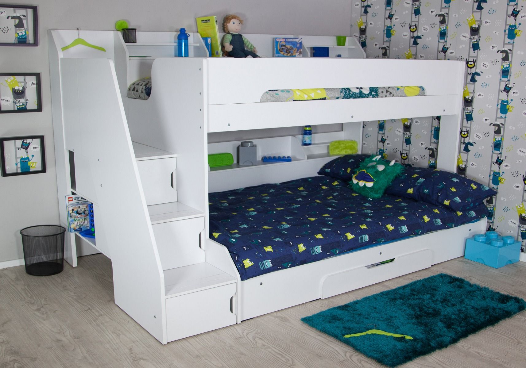Slick Staircase Triple Bunk Bed White, Bunk Beds White With Stairs