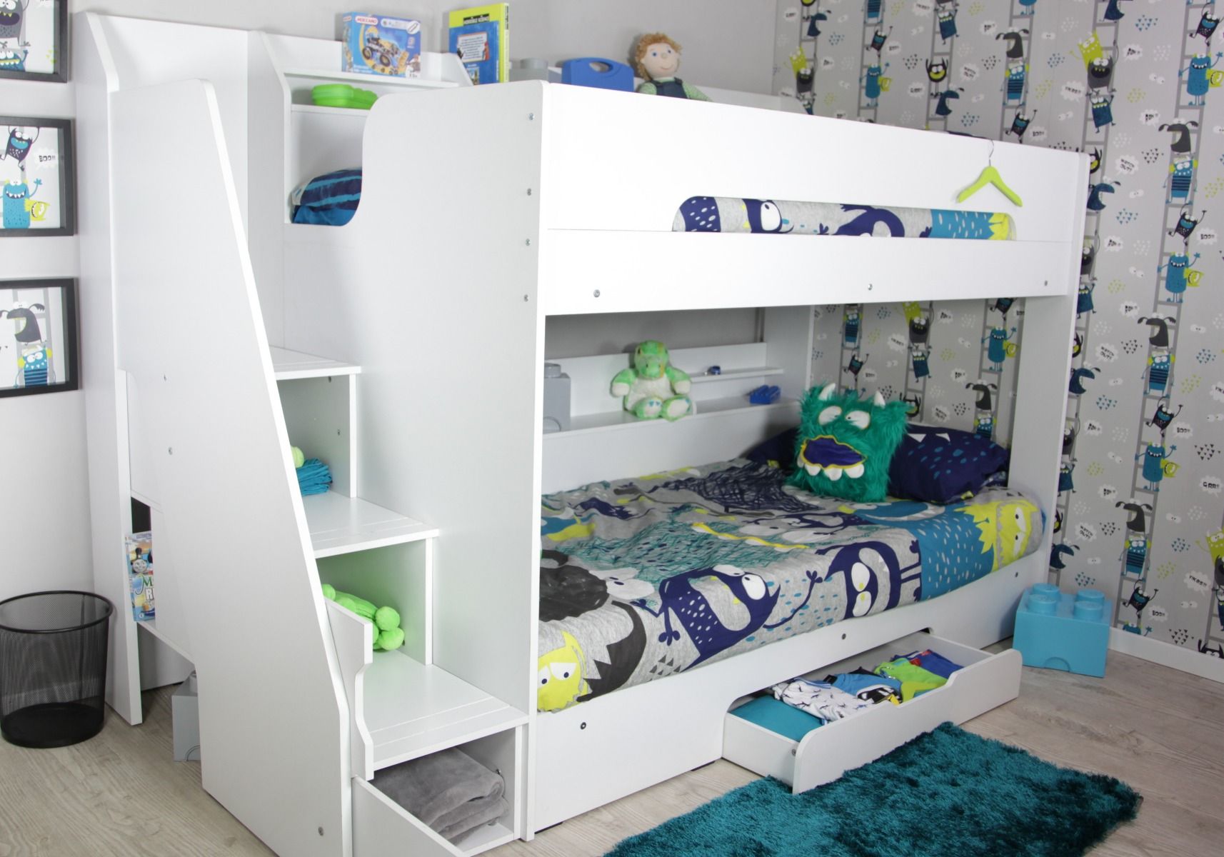 Flair Furnishings Slick Staircase Bunk, Bunk Beds White With Stairs