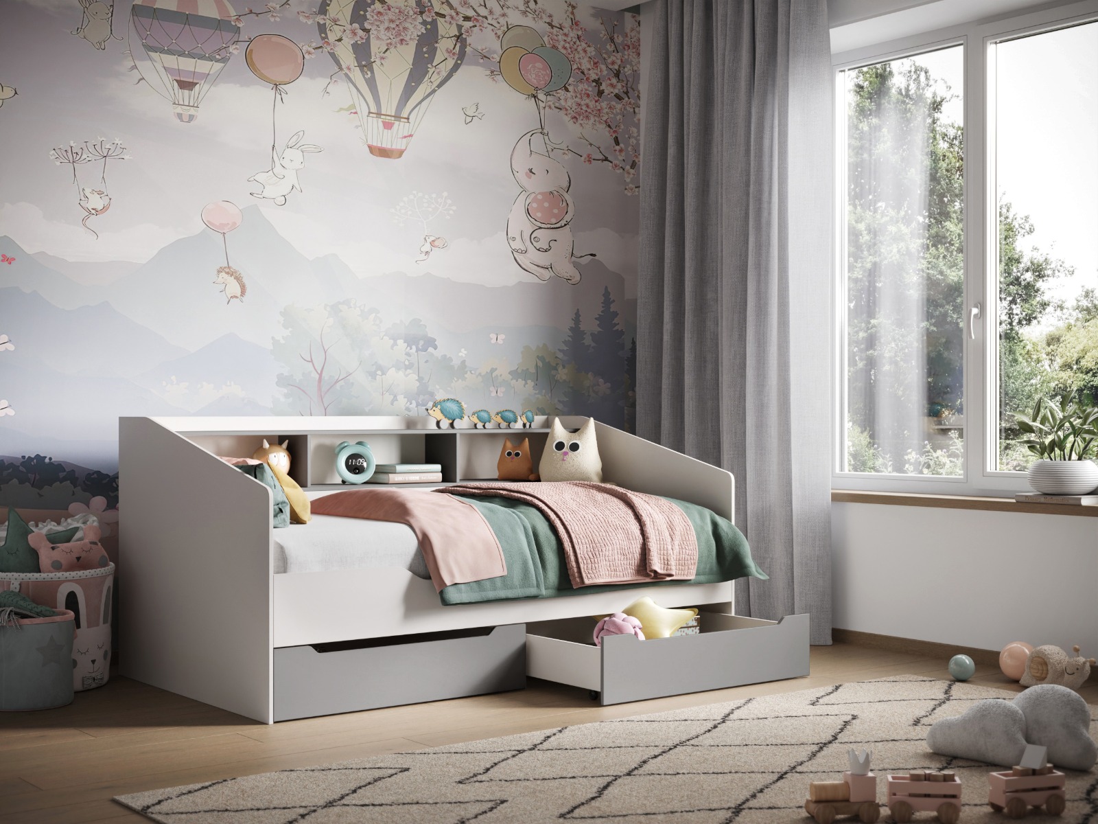Flair Leni Day Bed with Shelves and Drawers White and Grey