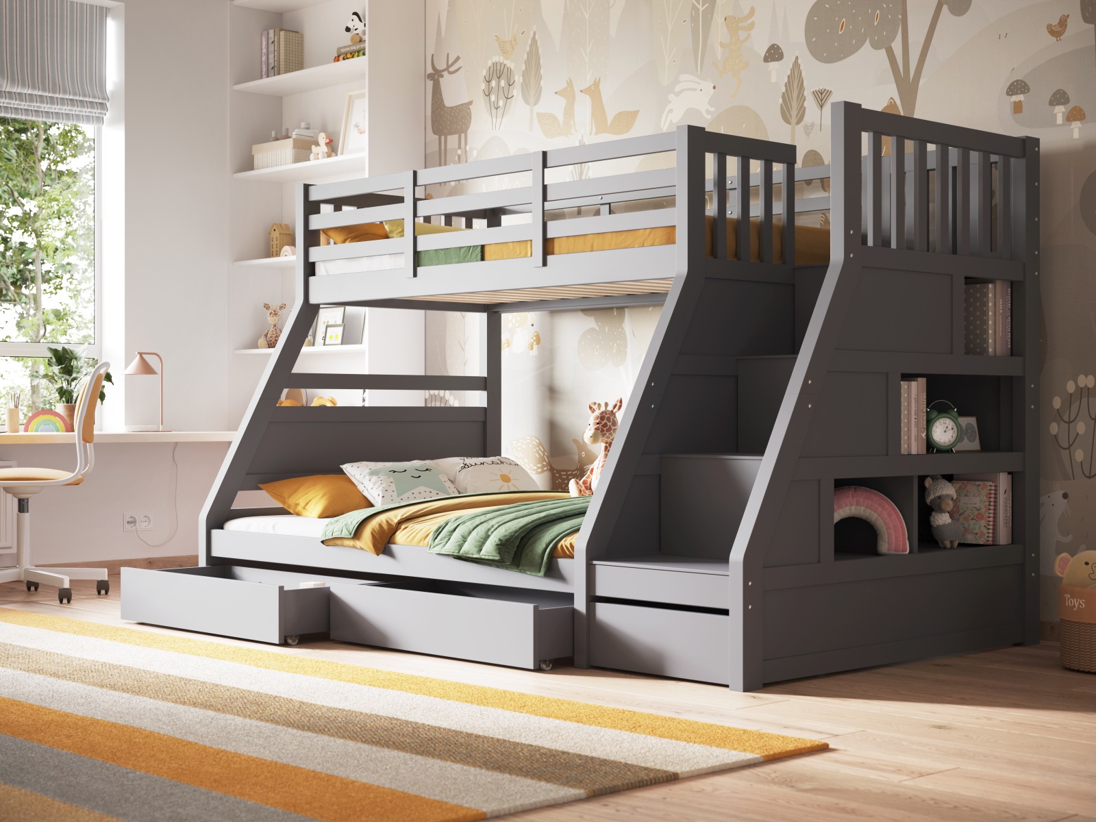 Flair Lunar Staircase Triple Bunk Bed with Shelves Grey