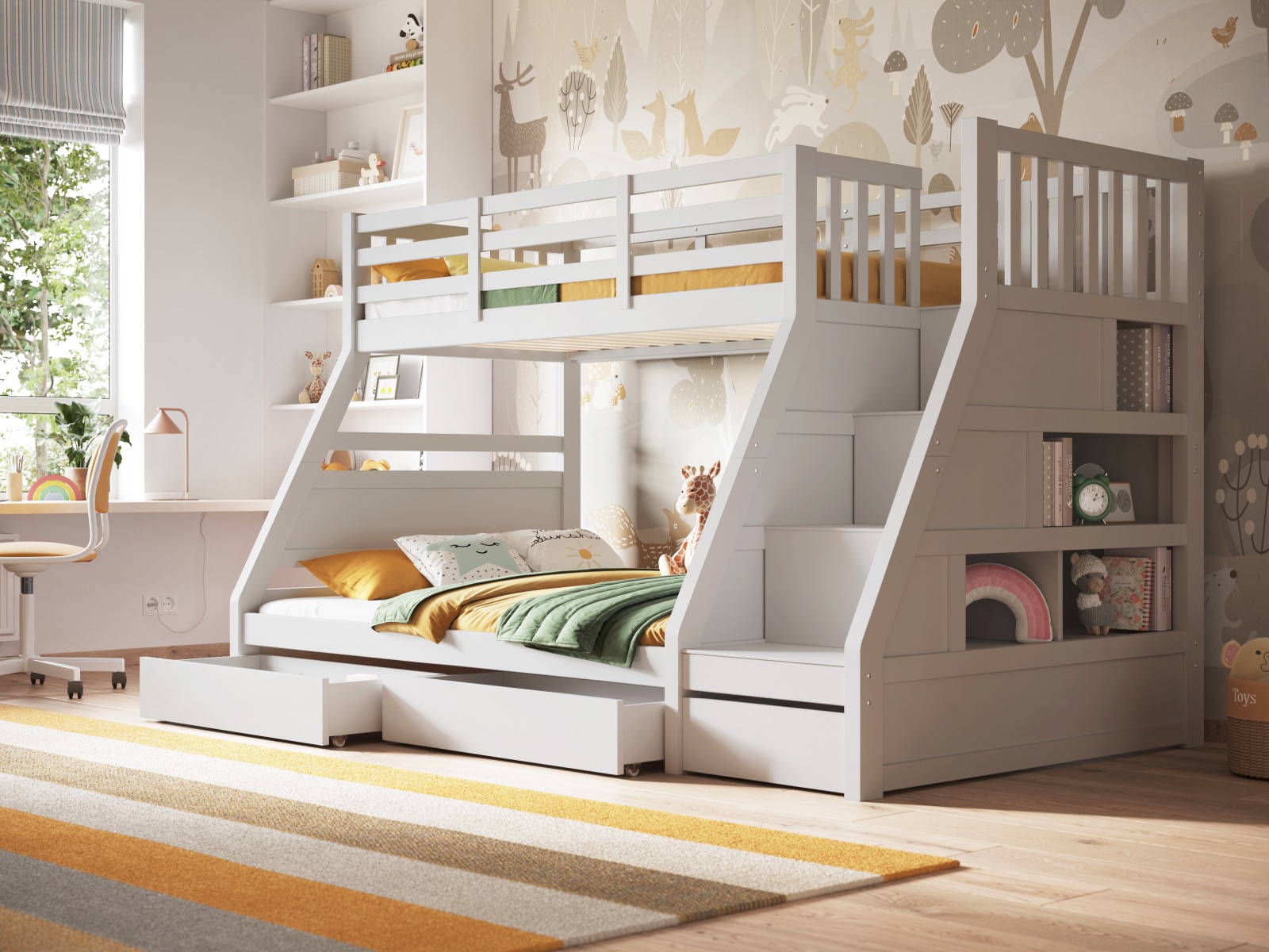 Flair Lunar Staircase Triple Bunk Bed with Shelves White