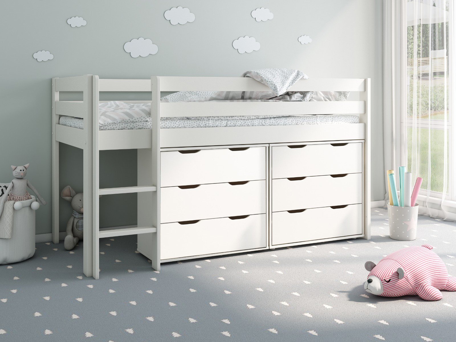Noomi Nora Solid Wood Midsleeper 6 Drawer Cabin (FSC-Certified) White