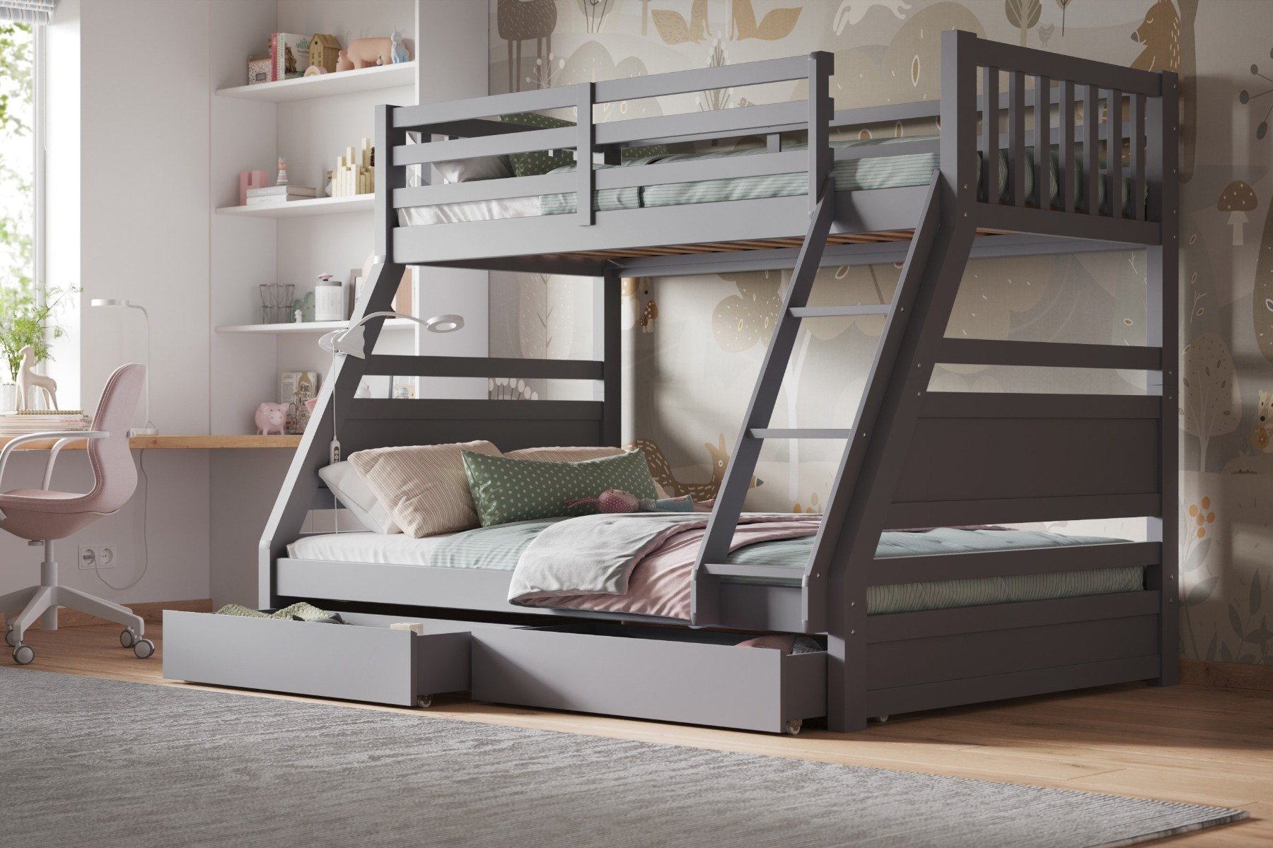 Flair Ollie Wooden Triple Bunk Bed with Drawers Grey
