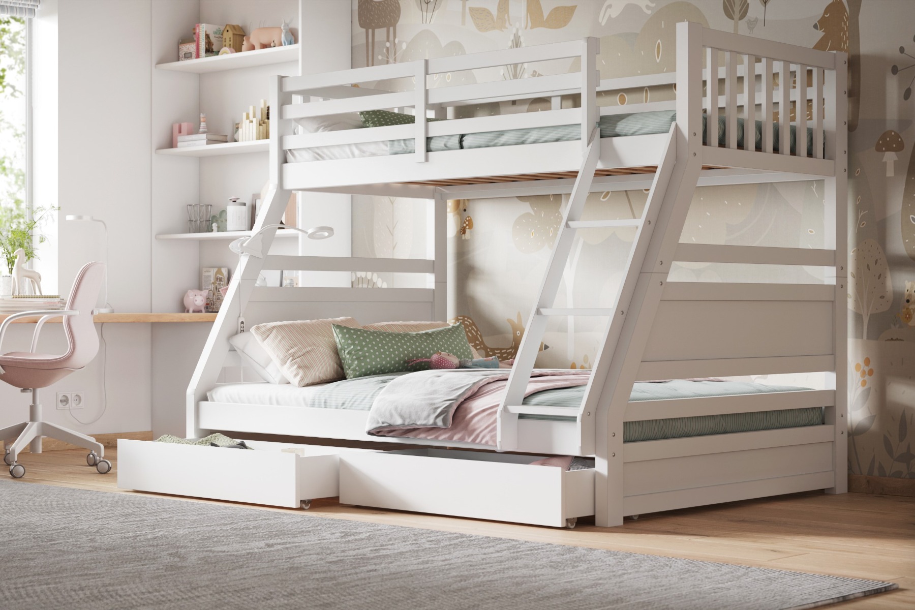 Flair Ollie Wooden Triple Bunk Bed with Drawers White