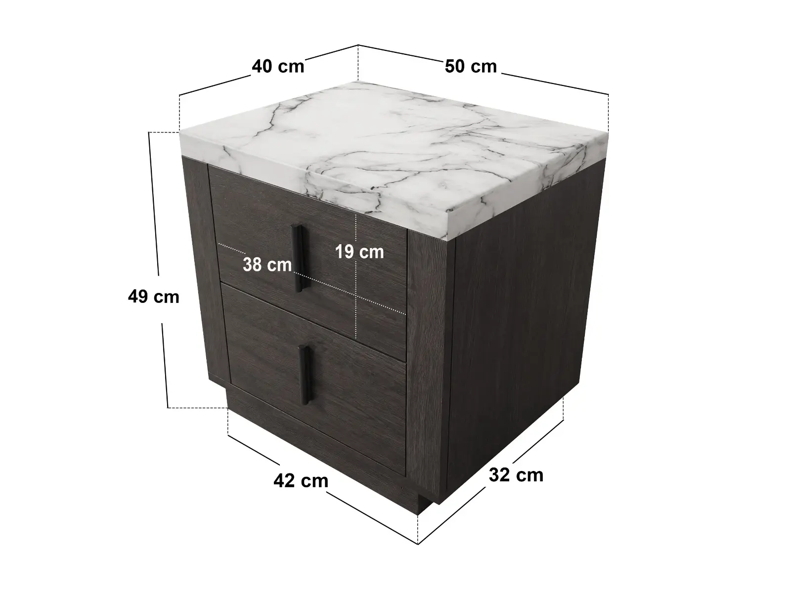 Dimensions diagram for SOLACE+CO Marcel Walnut Bedside Table with Marble Effect Top 