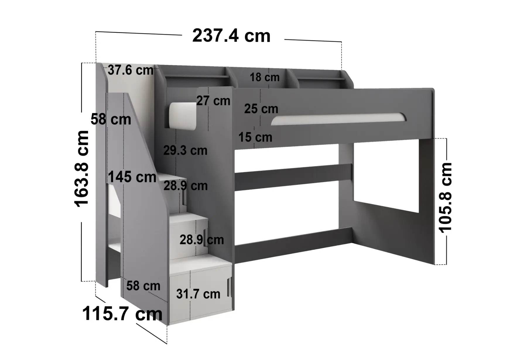 Dimensions diagram for Flair Stepaside High Sleeper Bed with Storage Grey & White 