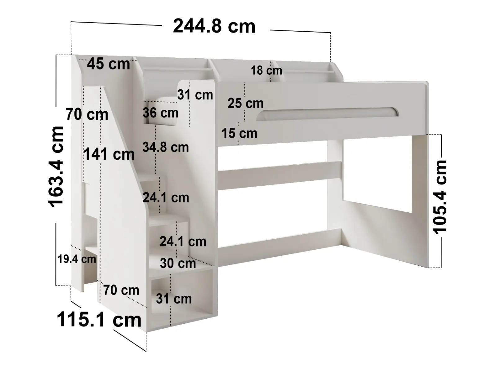 Dimensions diagram for  Flair Stepaside High Sleeper Bed with Staircase White  