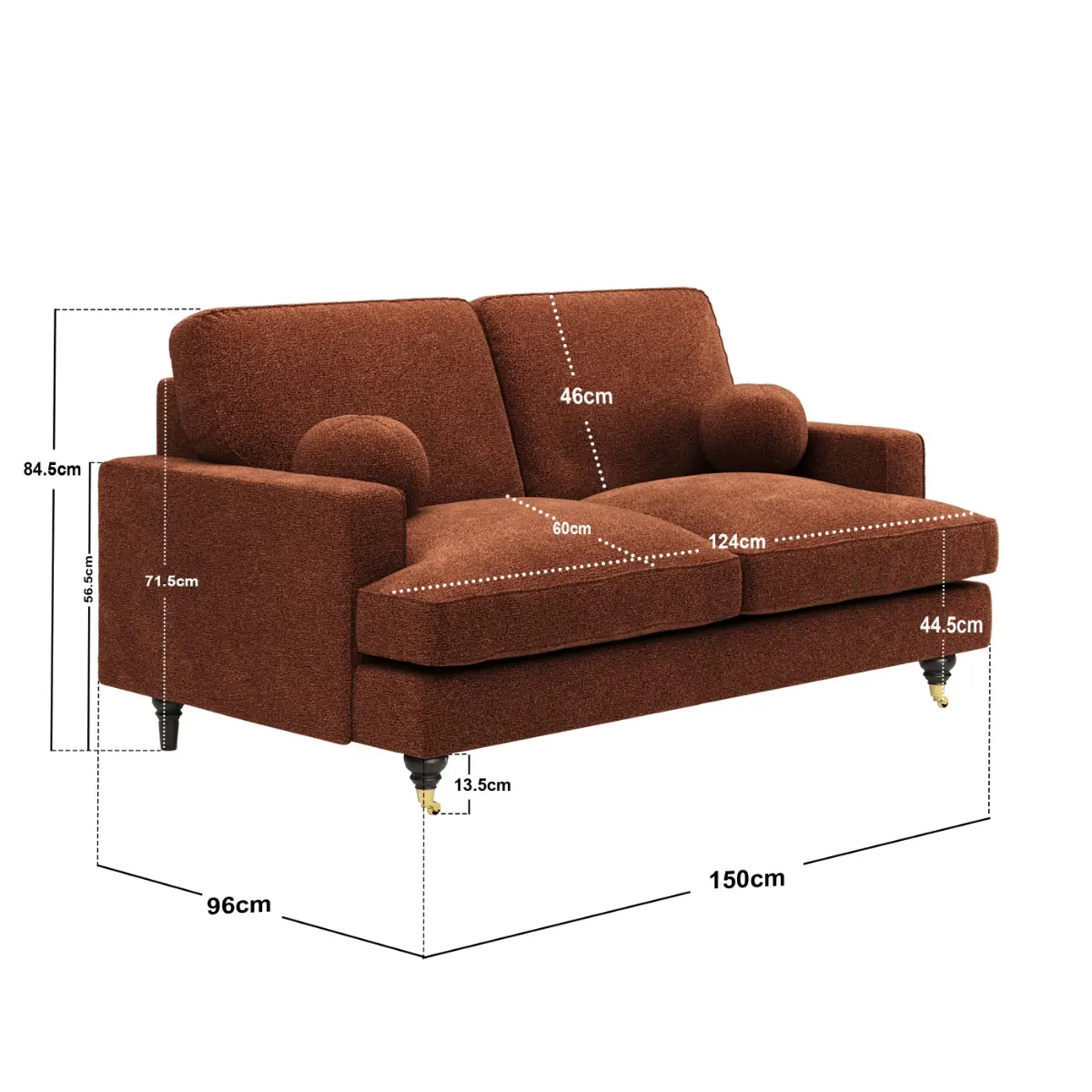 Dimensions diagram for SOLACE+CO Addison 2 Seater Sofa with Caster Legs Burnt Orange Chenille