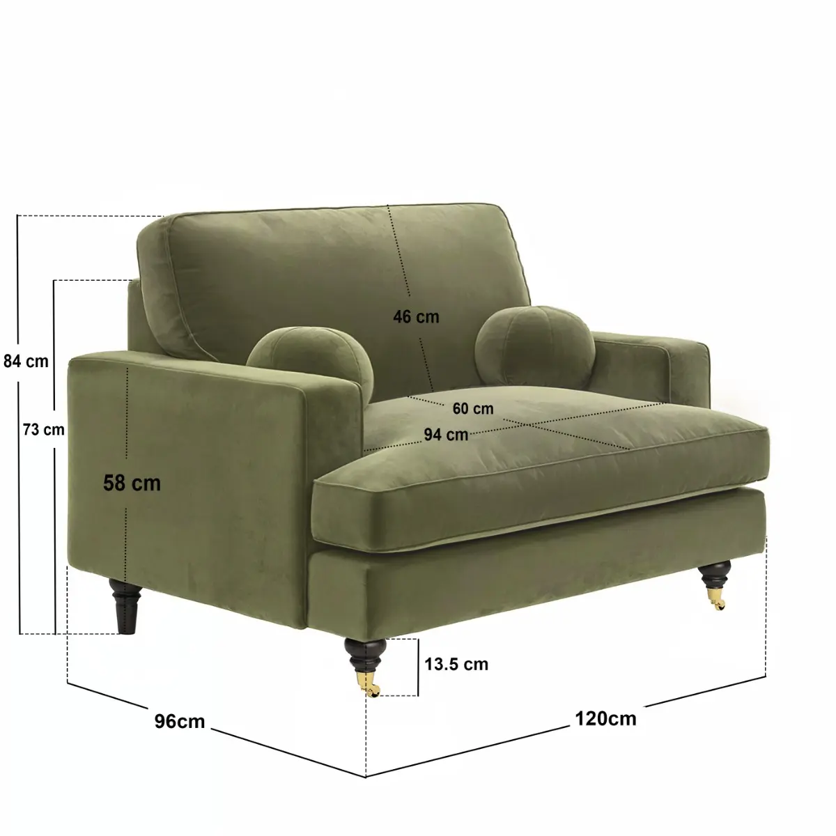 Dimensions diagram for SOLACE+CO Addison Loveseat & Footstool Bundle Khaki Green Velvet