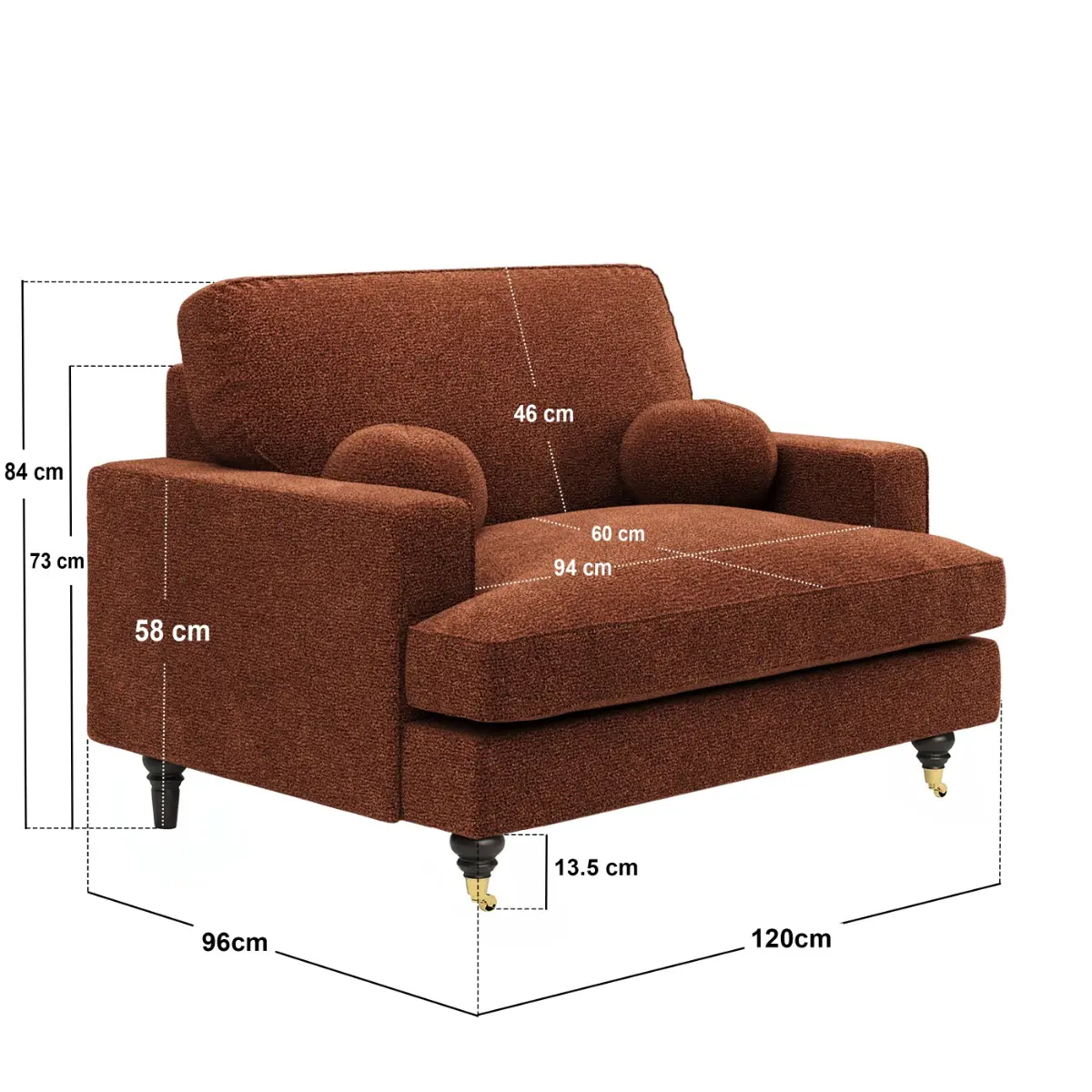 Dimensions diagram for SOLACE+CO Addison Loveseat with Caster Legs Burnt Orange Chenille