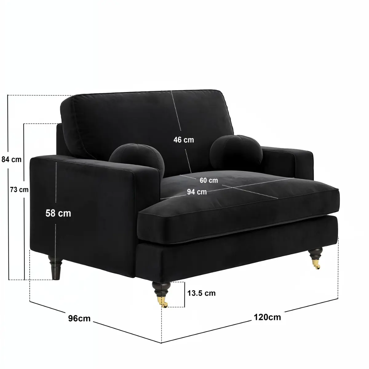 Dimensions diagram for SOLACE+CO Addison Loveseat with Caster Legs Black Velvet