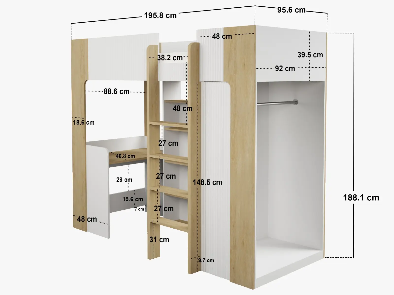 Dimensions diagram for Flair Aeson High Sleeper Bed with Desk & Wardrobe White & Oak