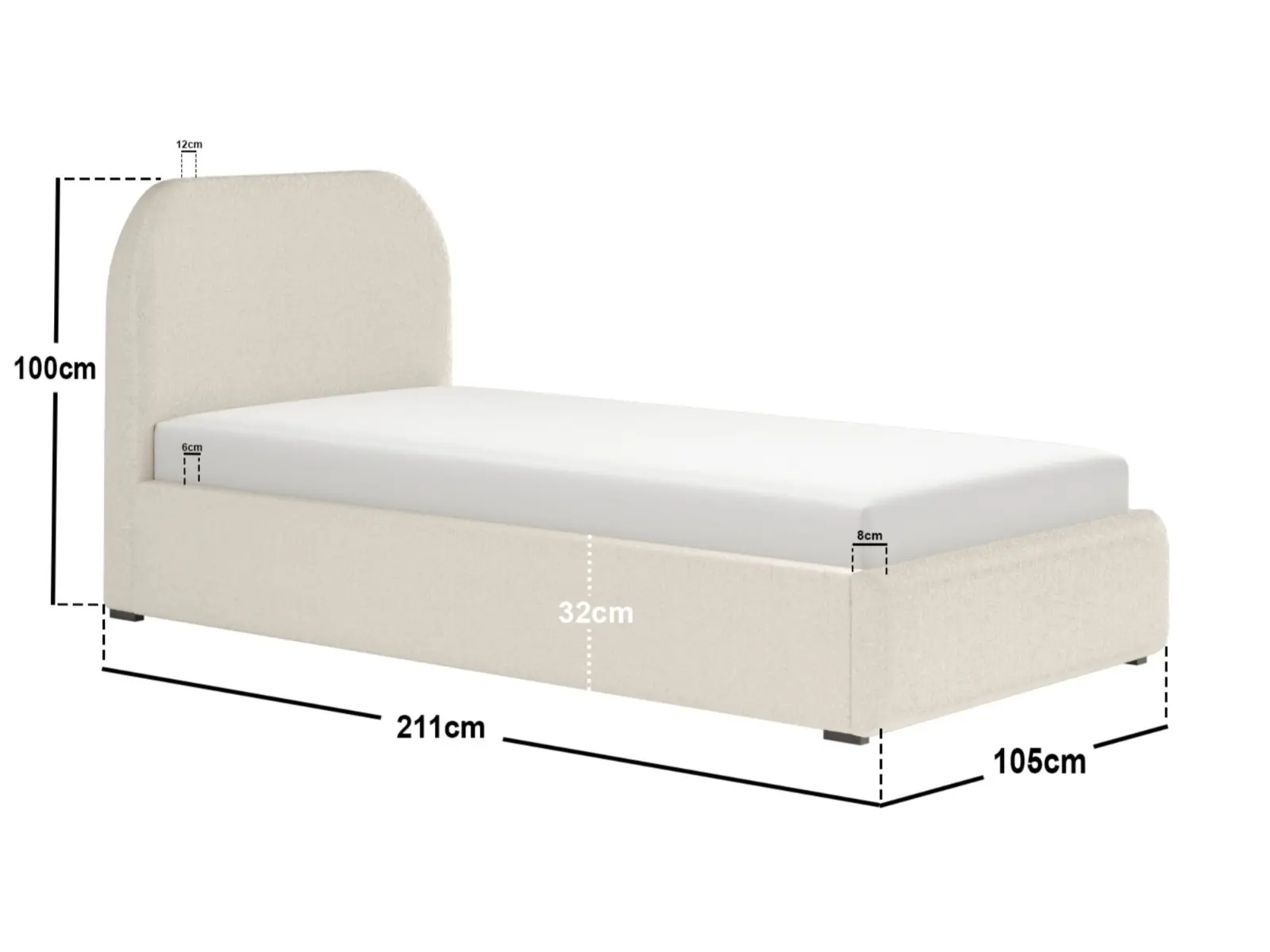 Dimensions diagram for Flair Alba Single Ottoman Bed Cream Boucle Fabric