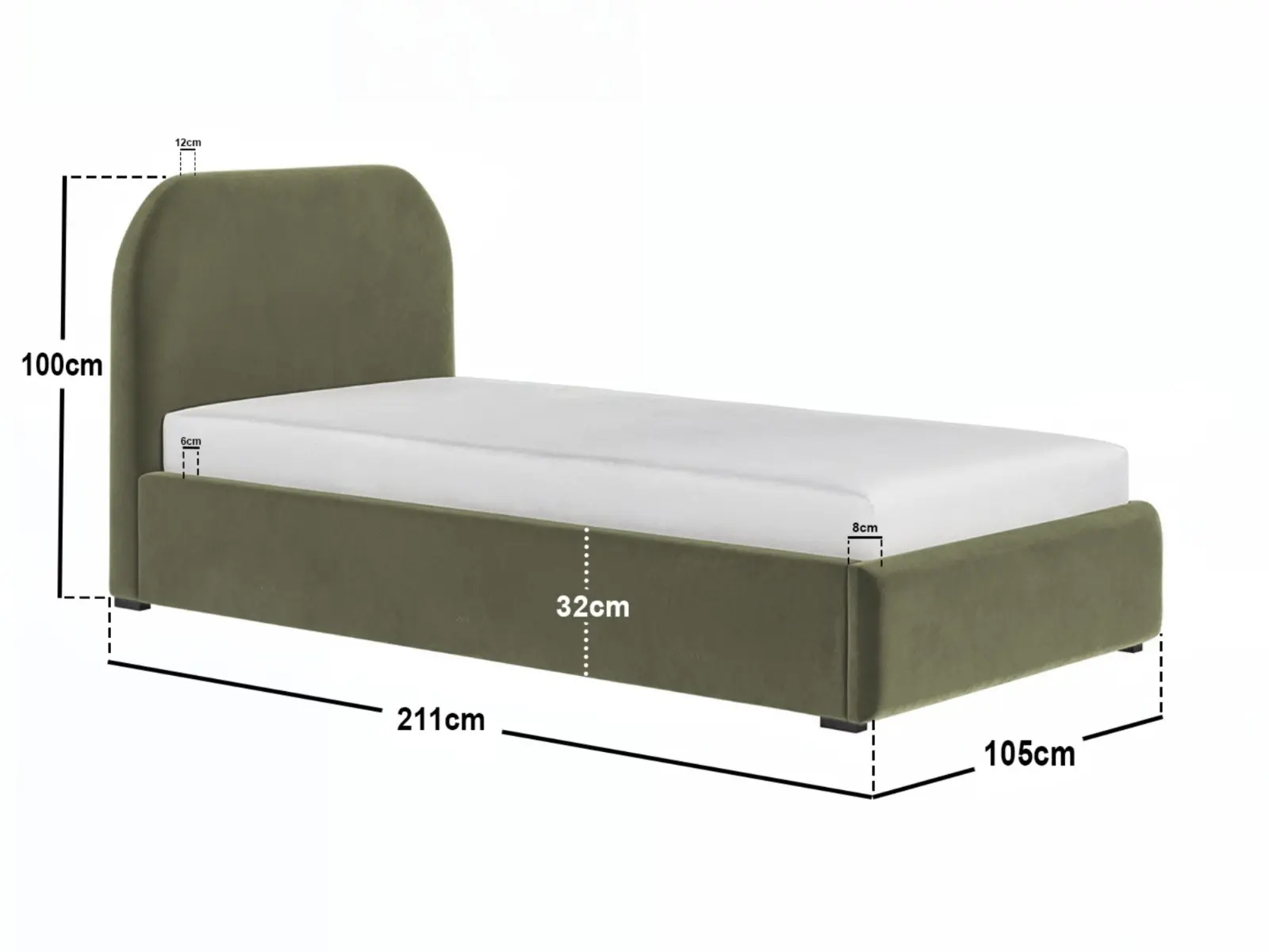 Dimensions diagram for Flair Alba Single Ottoman Bed Velvet Khaki Green