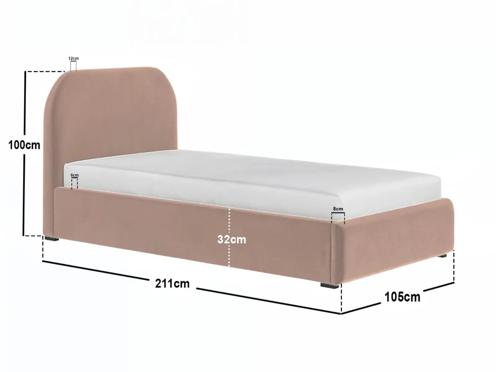 Dimensions diagram for Flair Alba Single Ottoman Bed Velvet Pink