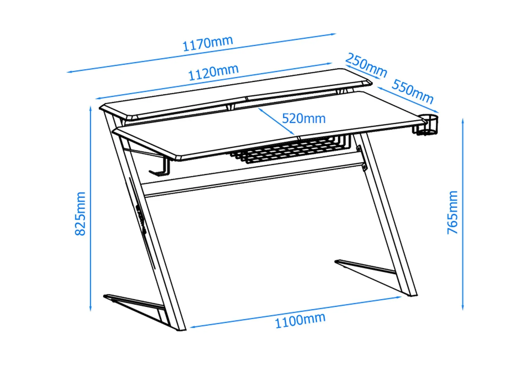 Dimensions diagram for Alphason Aries Gaming Desk