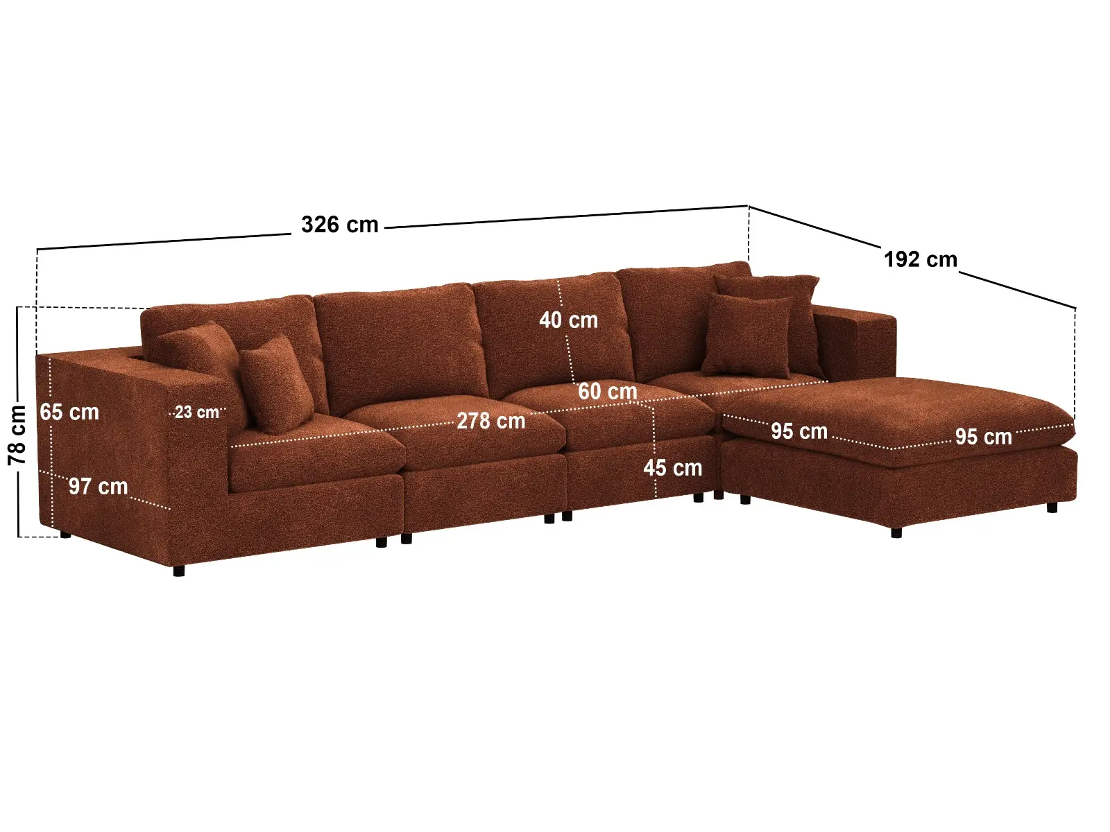 Dimensions diagram for SOLACE+CO Asher Large Sofa with Reversible Footstool