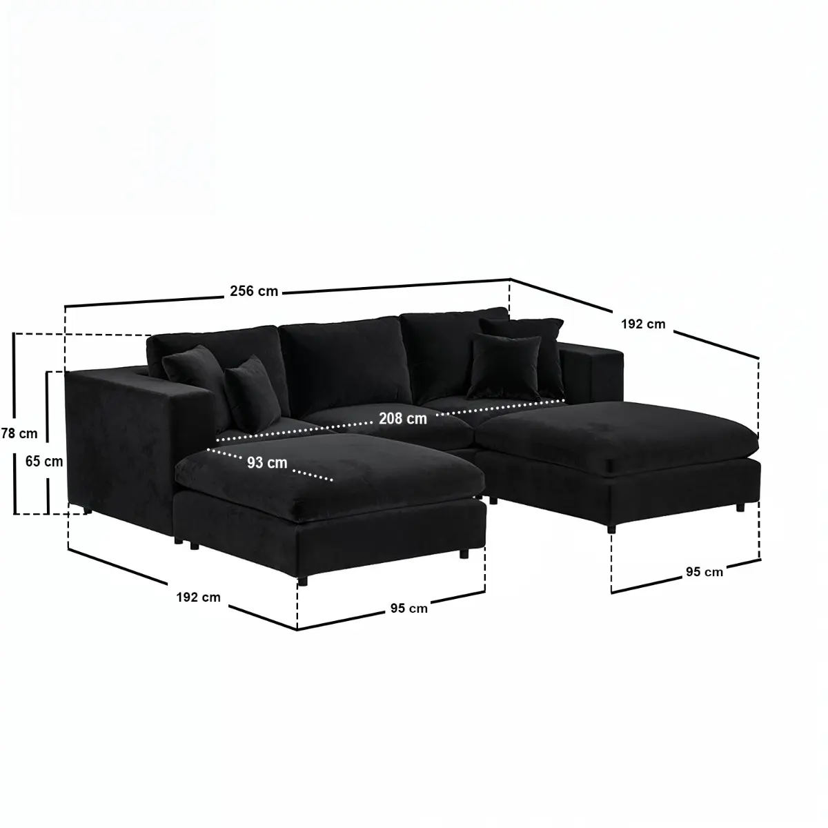 Dimensions diagram for SOLACE+CO Asher U Shape Corner Sofa Bundle Black Velvet
