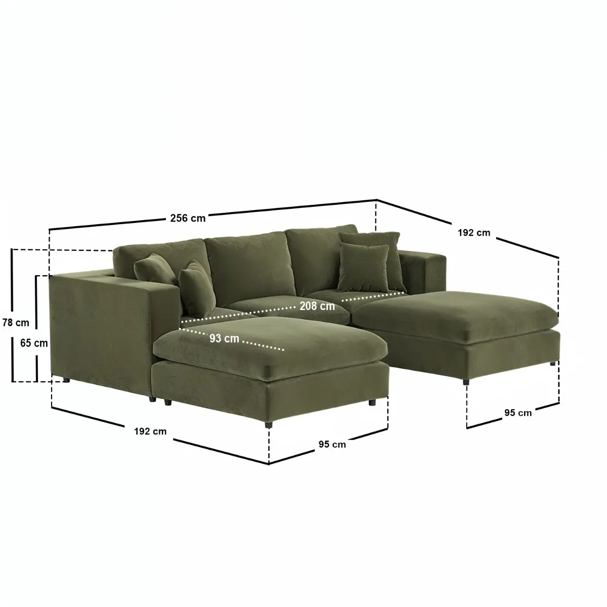 Dimensions diagram for SOLACE+CO Asher U Shape Corner Sofa Bundle