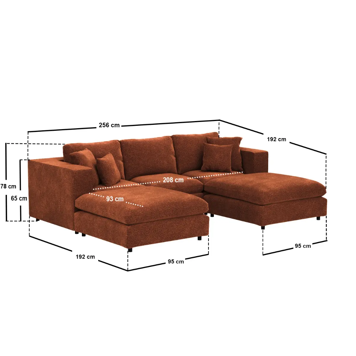 Dimensions diagram for SOLACE+CO Asher U Shape Corner Sofa Bundle Burnt Orange Chenille