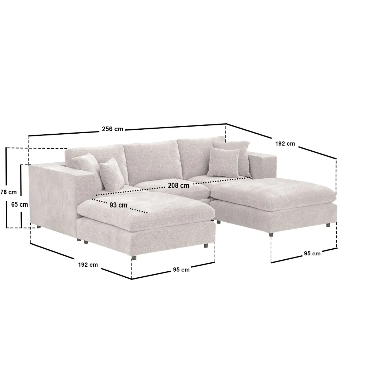 Dimensions diagram for SOLACE+CO Asher U Shape Corner Sofa Bundle Beige Boucle