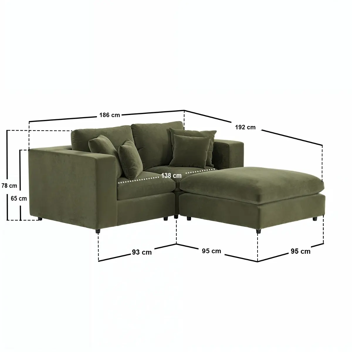 Dimensions diagram for SOLACE+CO Asher 3 Seater Sofa with Reversible Footstool Khaki Green Velvet