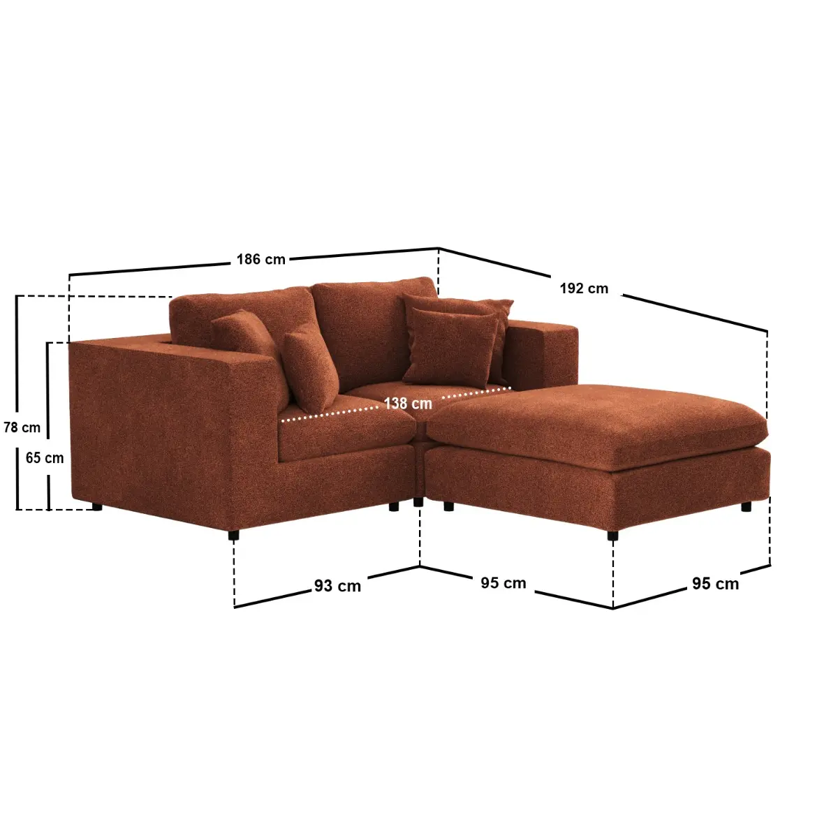 Dimensions diagram for SOLACE+CO Asher 3 Seater Sofa with Reversible Footstool Burnt Orange Chenille