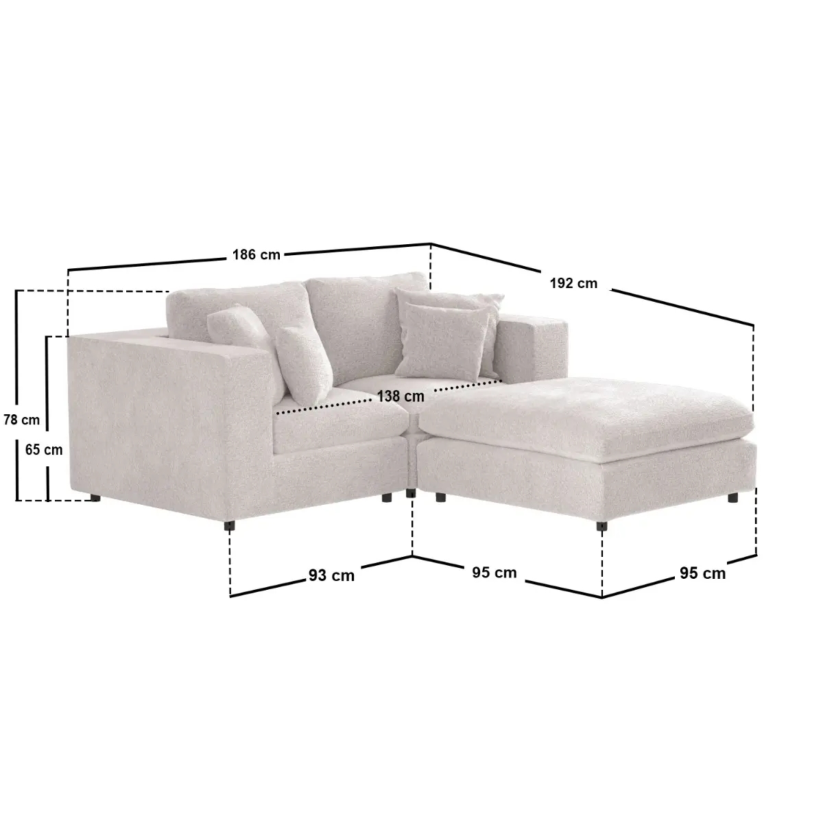 Dimensions diagram for SOLACE+CO Asher 3 Seater Sofa with Reversible Footstool Beige Boucle