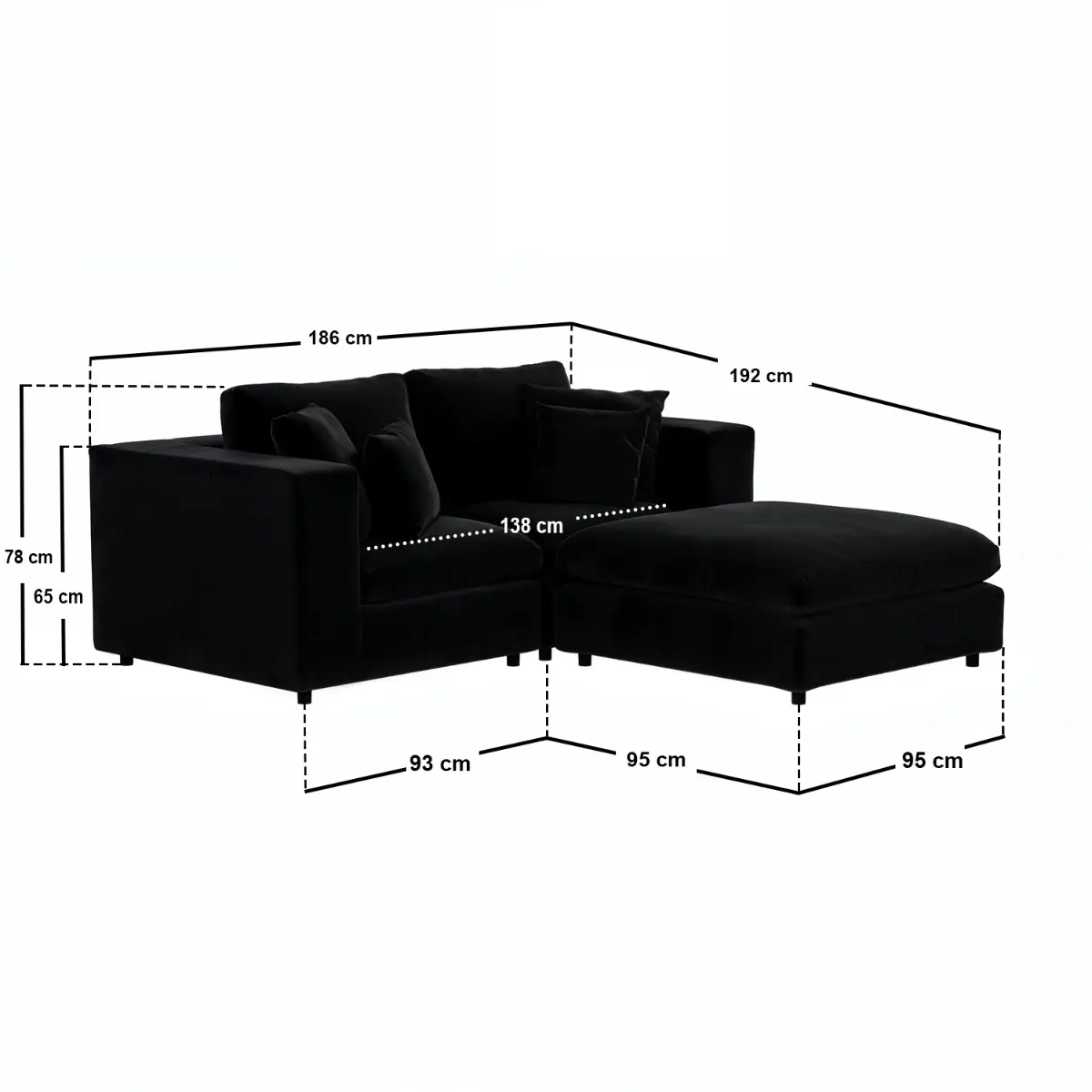 Dimensions diagram for SOLACE+CO Asher 3 Seater Sofa with Reversible Footstool Black Velvet