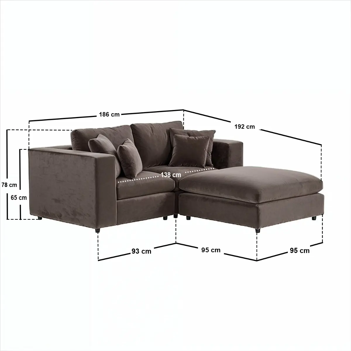Dimensions diagram for SOLACE+CO Asher 3 Seater Sofa with Reversible Footstool Mocha Velvet