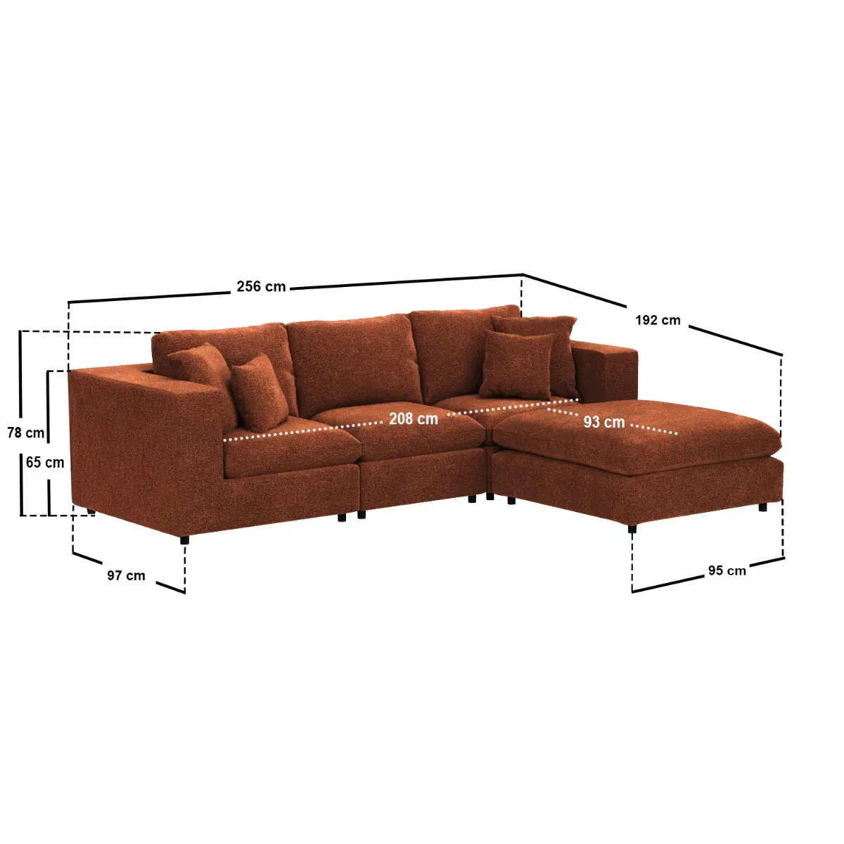 Dimensions diagram for SOLACE+CO Asher 4 Seater Sofa with Reversible Footstool