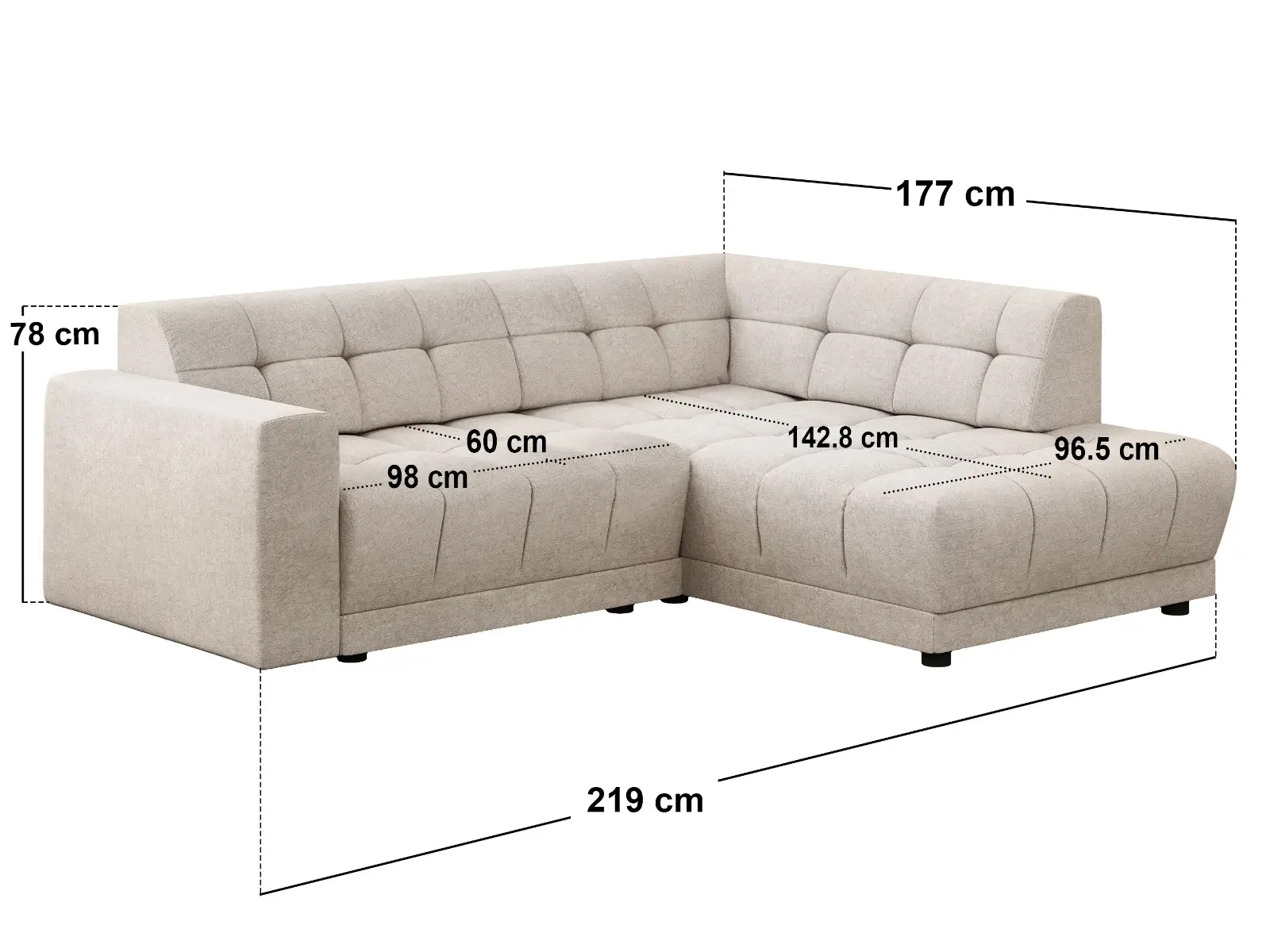 Dimensions diagram for SOLACE+CO Asta 3-Seater Right Corner Dapple Fabric Sofa