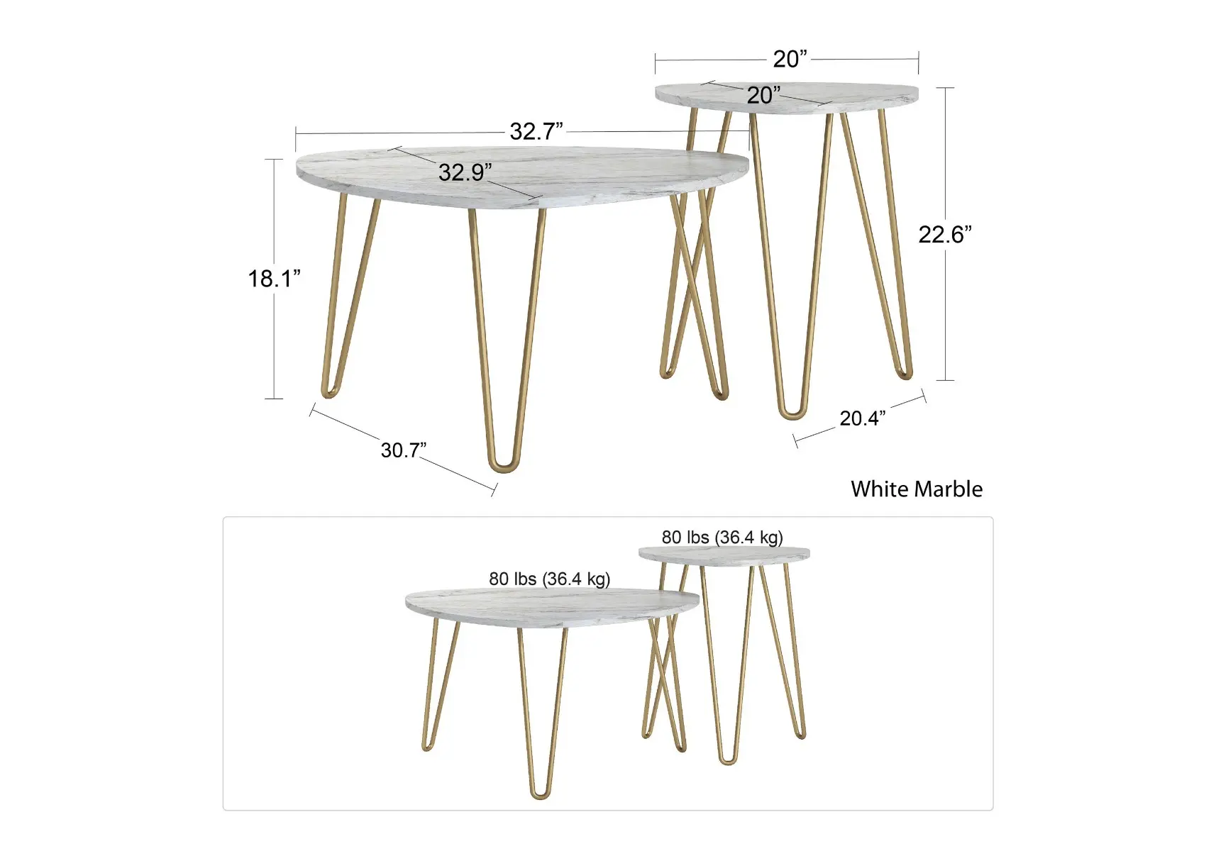Dimensions diagram for Novagratz Athena Nesting Tables Marble -Black