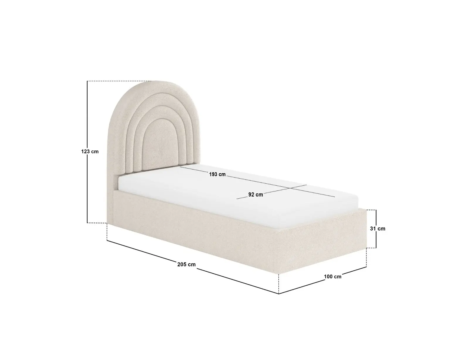 Dimensions diagram for Flair Ava Single Ottoman Bed Cream Boucle