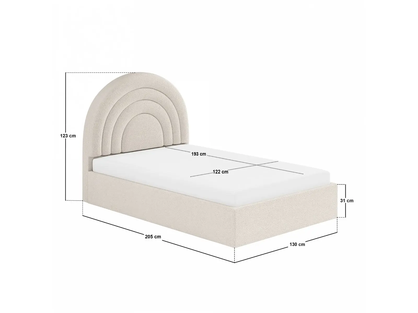 Dimensions diagram for Flair Ava Small Double Ottoman Bed Cream Boucle