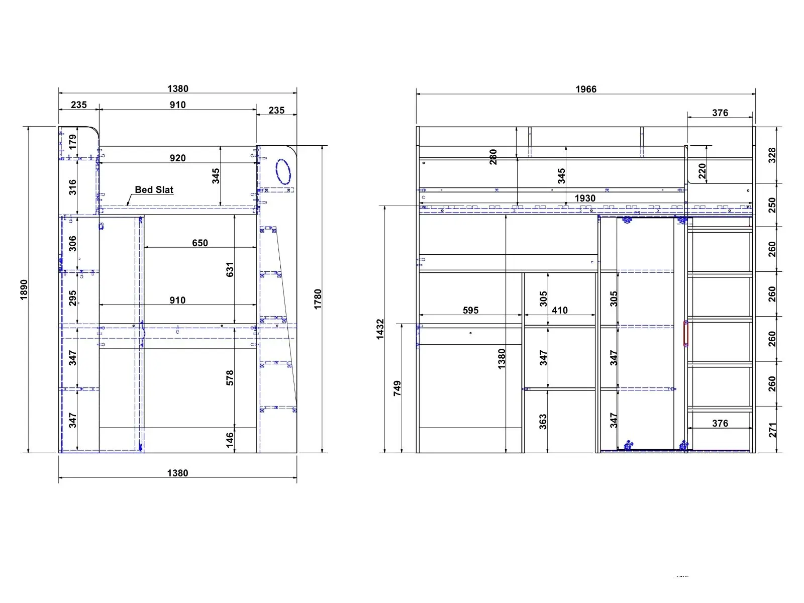 Dimensions diagram for Flair Ava High Sleeper with Desk & Storage Oak & White