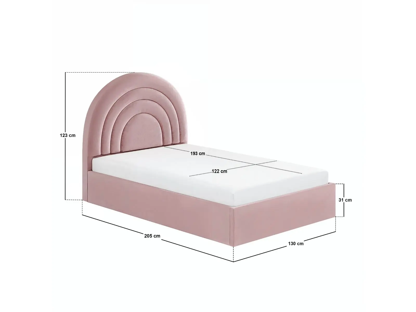 Dimensions diagram for Flair Ava Small Double Ottoman Bed Pink Velvet