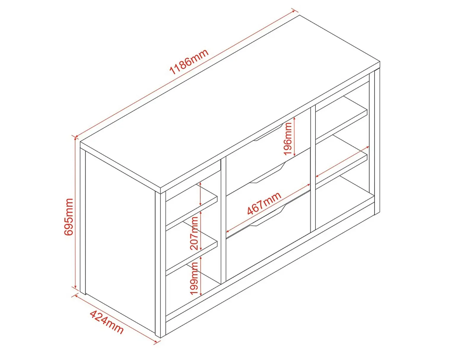 Dimensions diagram for Flair Charlie Drawer Unit with Shelves & 3 Drawers 