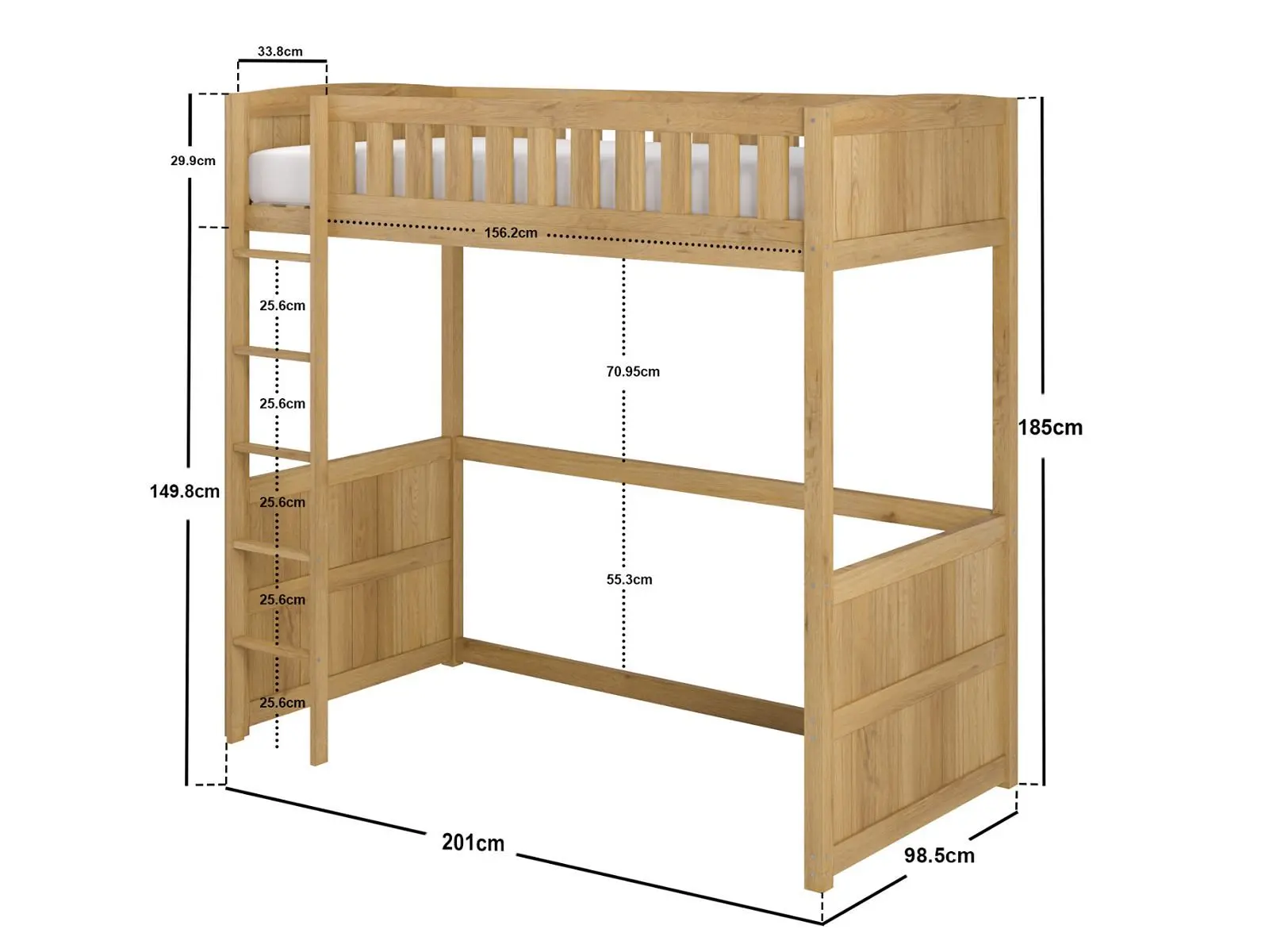Dimensions diagram for Flair Bea Wooden High Sleeper Oak