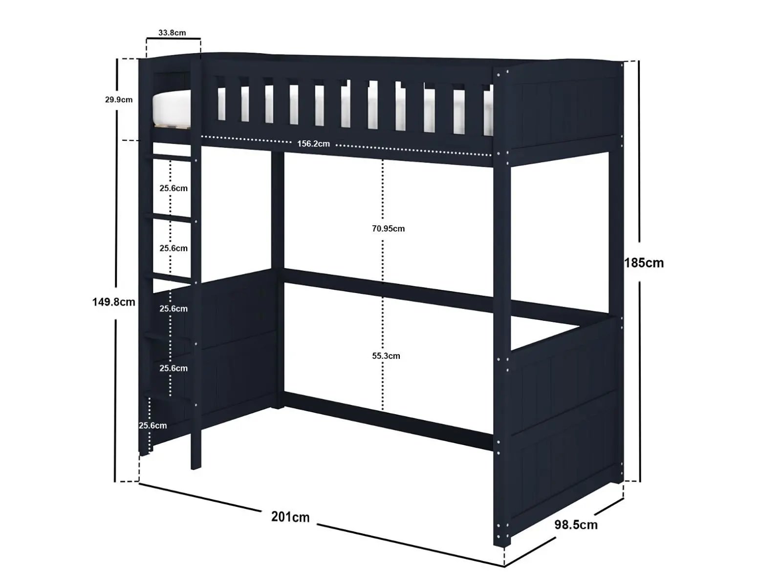 Dimensions diagram for Flair Bea Wooden High Sleeper Bed