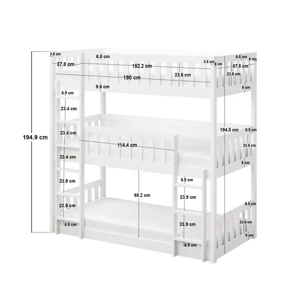 Dimensions diagram for Flair Bea Triple High Wooden Bunk Bed White