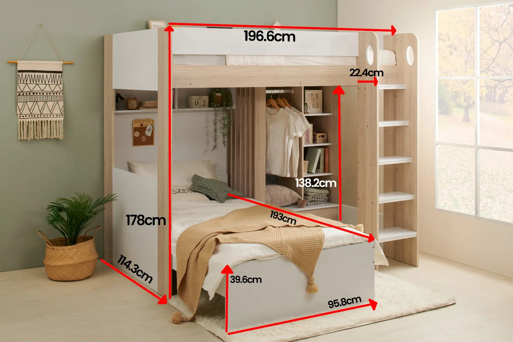 Dimensions diagram for Flair Hampton L-Shaped Bunk Bed with Storage & Wardrobe 