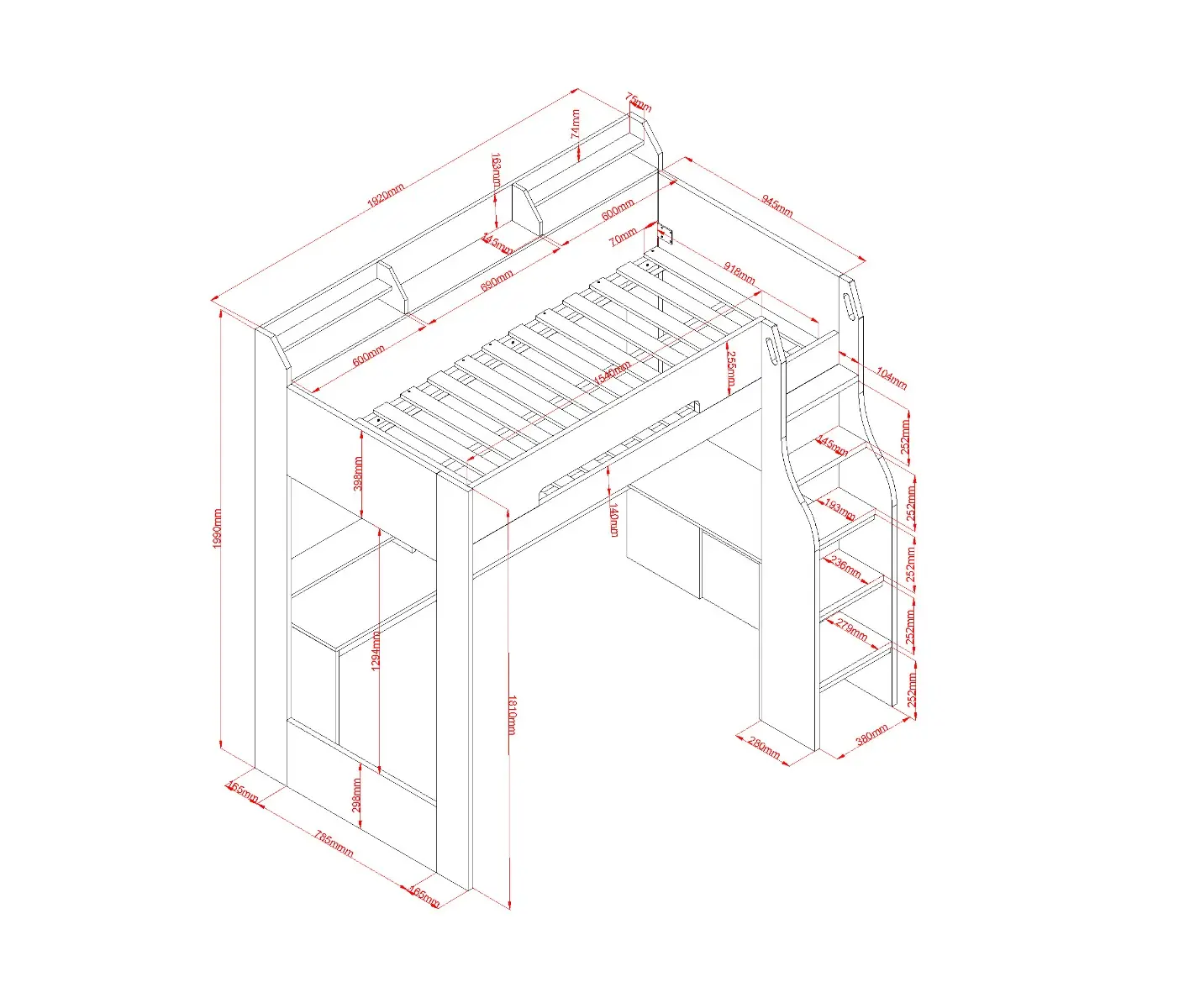 Dimensions diagram for Flair Skyhigh Single Gaming High Sleeper Anthracite
