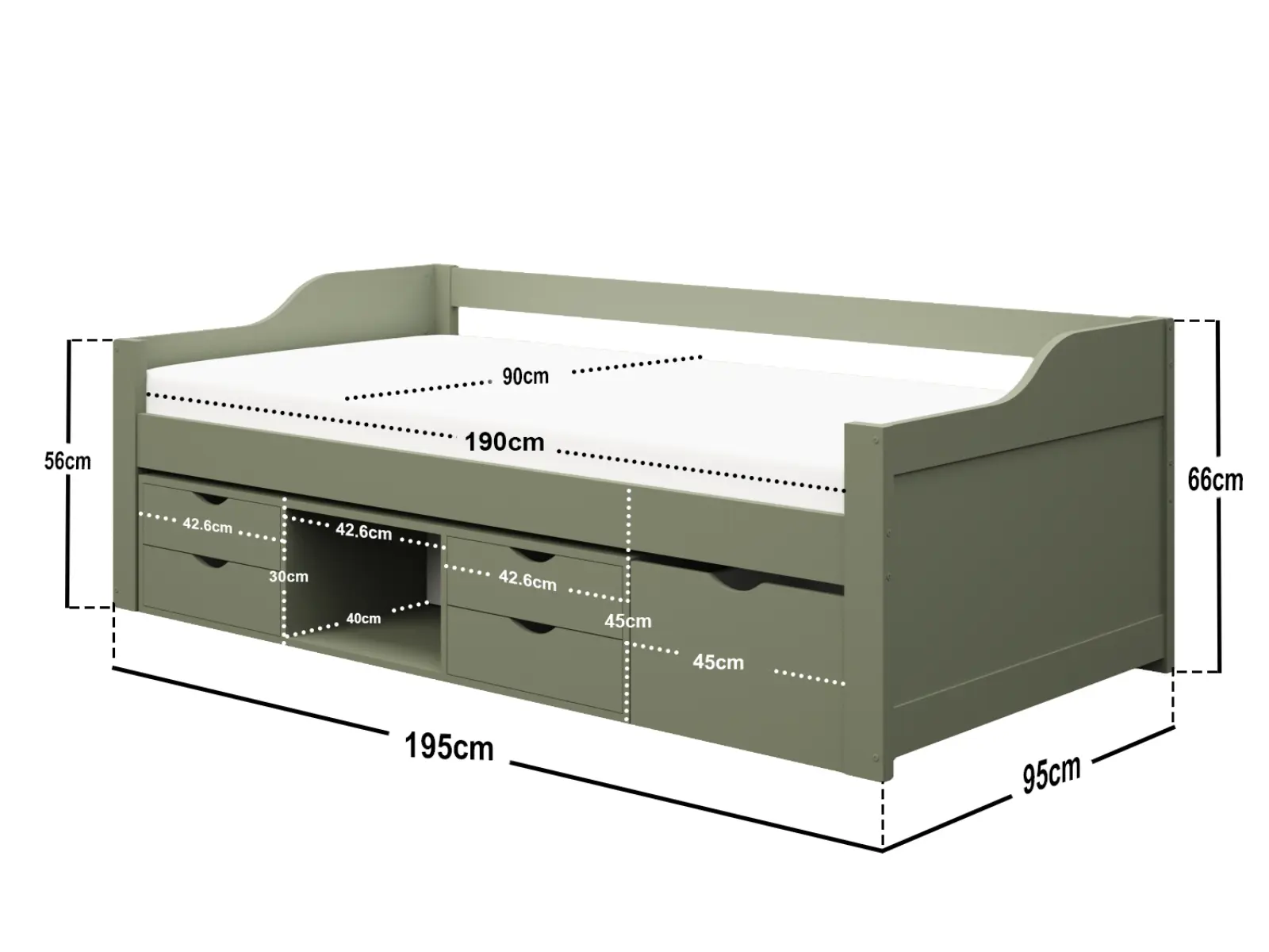Dimensions diagram for Flair Blair Low Sleeper Bed with Storage Green