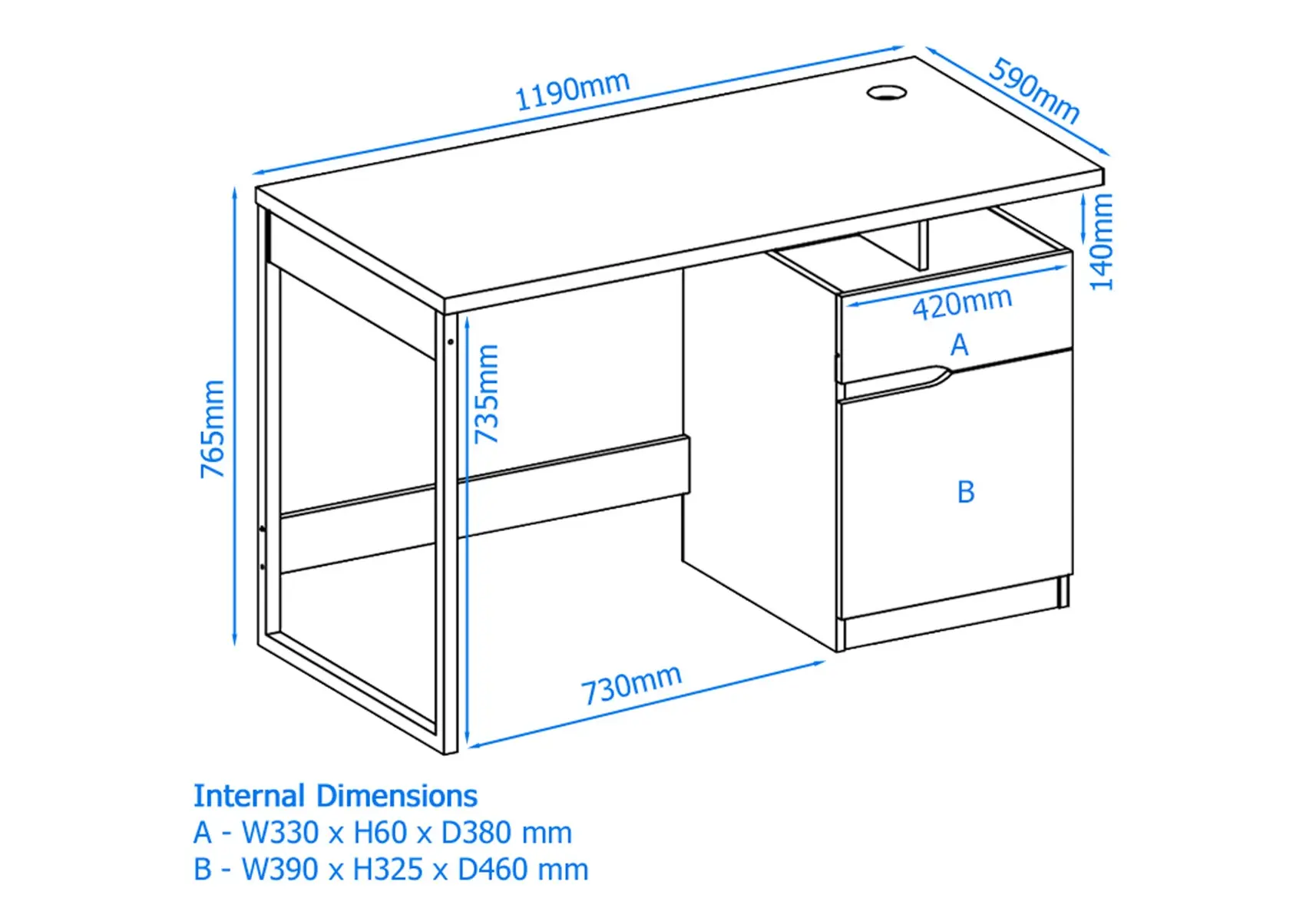 Dimensions diagram for Alphason Bridport Desk