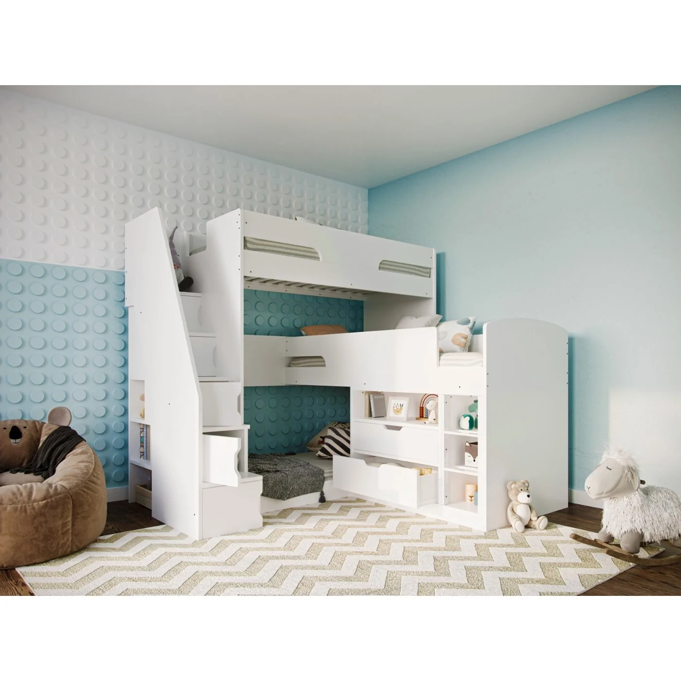 Flair Oscar Staircase Triple Bunk Bed with Storage White