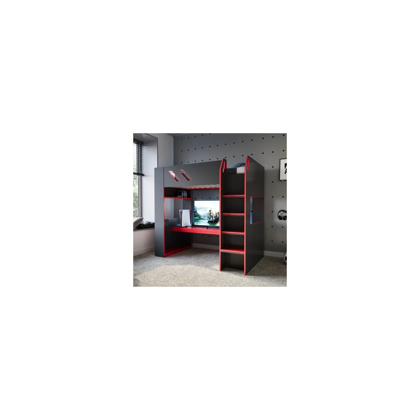 Recoil Orbit Gaming High Sleeper with Height-Adjustable Desk Black & Red