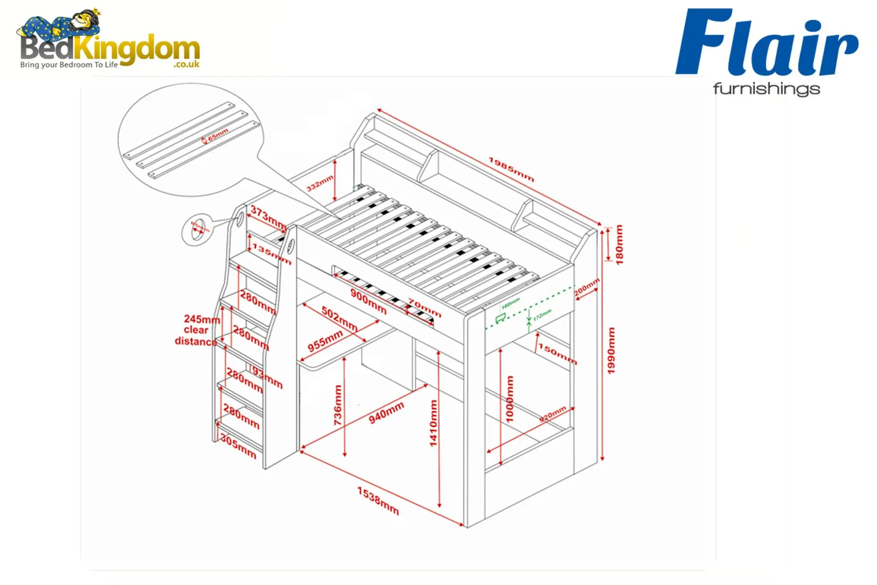 Dimensions diagram for Flair Cosmic Futon High Sleeper with Desk White