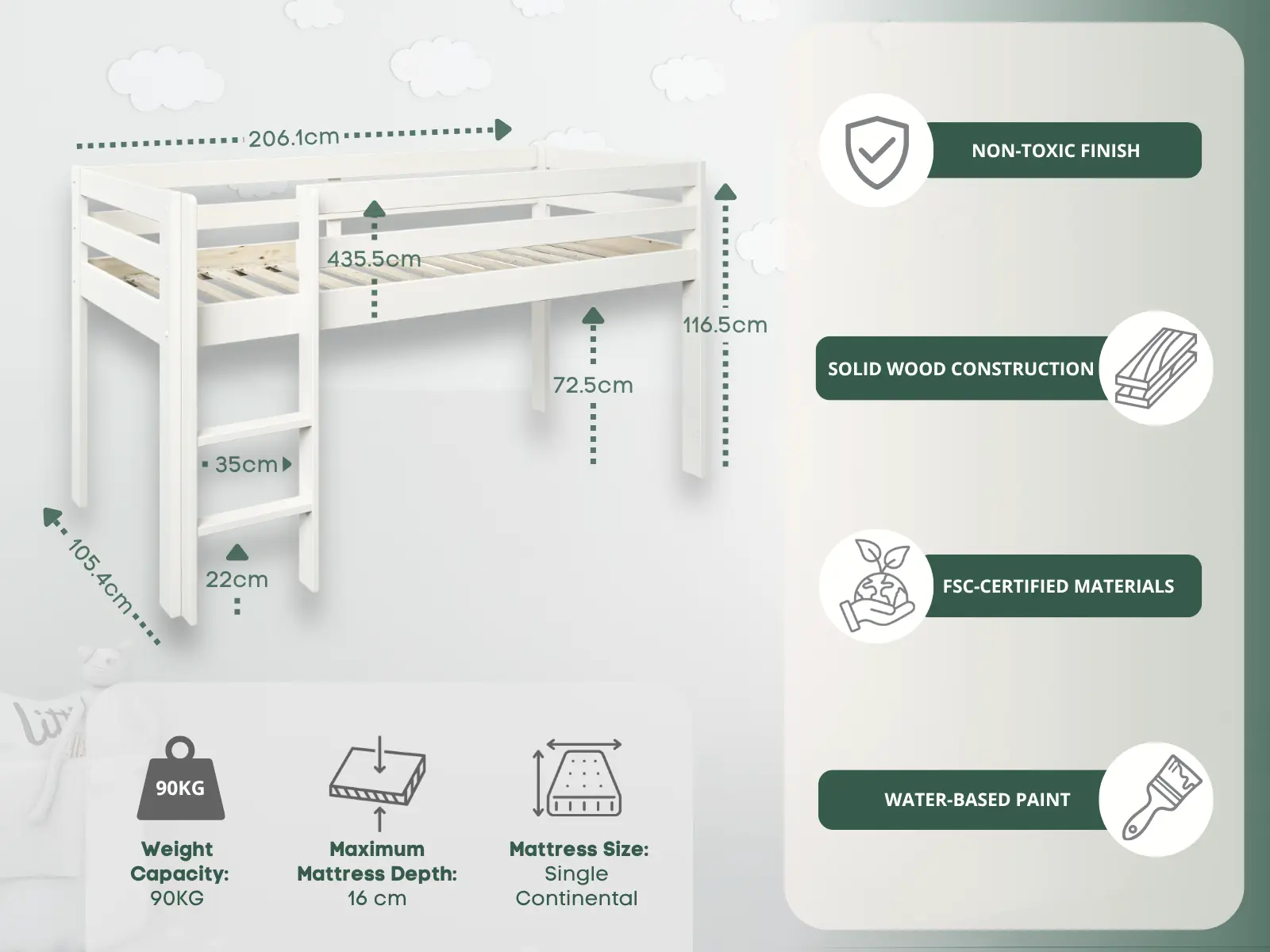 Dimensions diagram for Noomi Nora Mid Sleeper Cabin Bed with 6 Drawers White Solid Wood (FSC-Certified) 